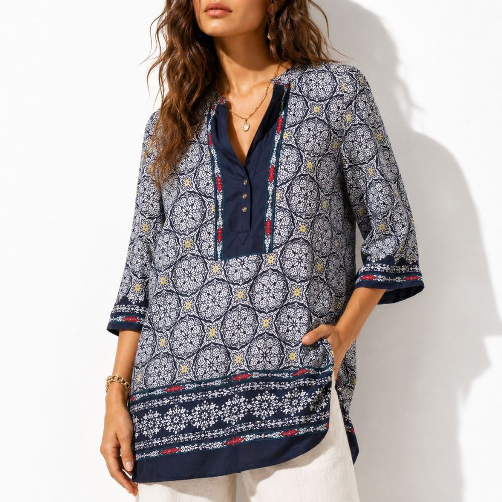 Grace Elements Small Tunic Top Navy Medallion Print 3/4 Sleeve Boho Blouse NEW